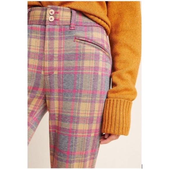 Anthropologie Essential Pink Check Plaid Flare Trousers US 2 - Picture 2 of 10